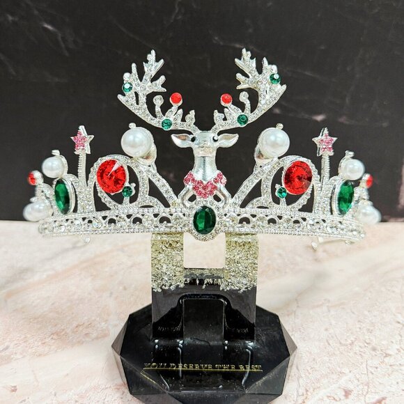 Festive Holiday Crown, Christmas Headband, Silver Tiara Crown, Reindeer Crown - Picture 4 of 8